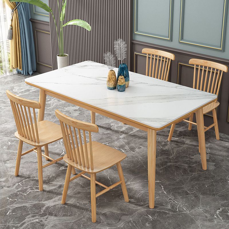 Modern White Rectangle Stone Dining Table with 4 Wooden Foot