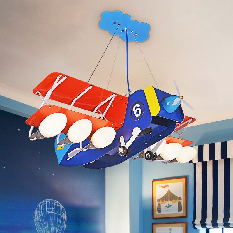 Dessin animé wright flyer lustre métallique 6 bulbes pour enfants de chambre à coucher plafond lumière en bleu-rouge