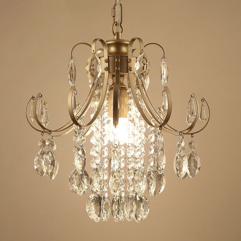 Bent Arm Suspension Lighting Simplicity Crystal Strand 1 Head Black/Gold Finish Hanging Ceiling Light
