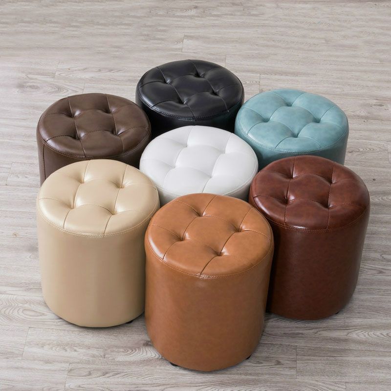 Modern Pouf Ottoman Genuine Leather Upholstered Tufted Solid Color Ottoman