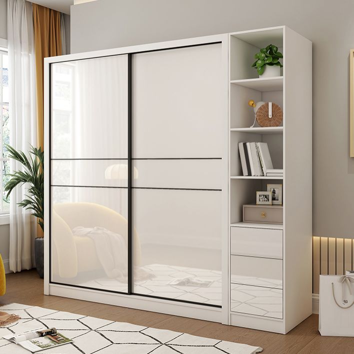 White Mirrored Finish Wardrobe Cabinet Modern Engineered Wood Wardrobe