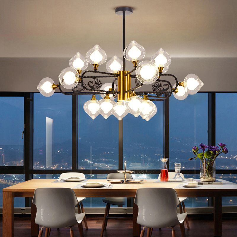 Black-Gold Peach Shaped Chandelier Postmodern 18-Bulb Clear and Frosted Glass Pendant