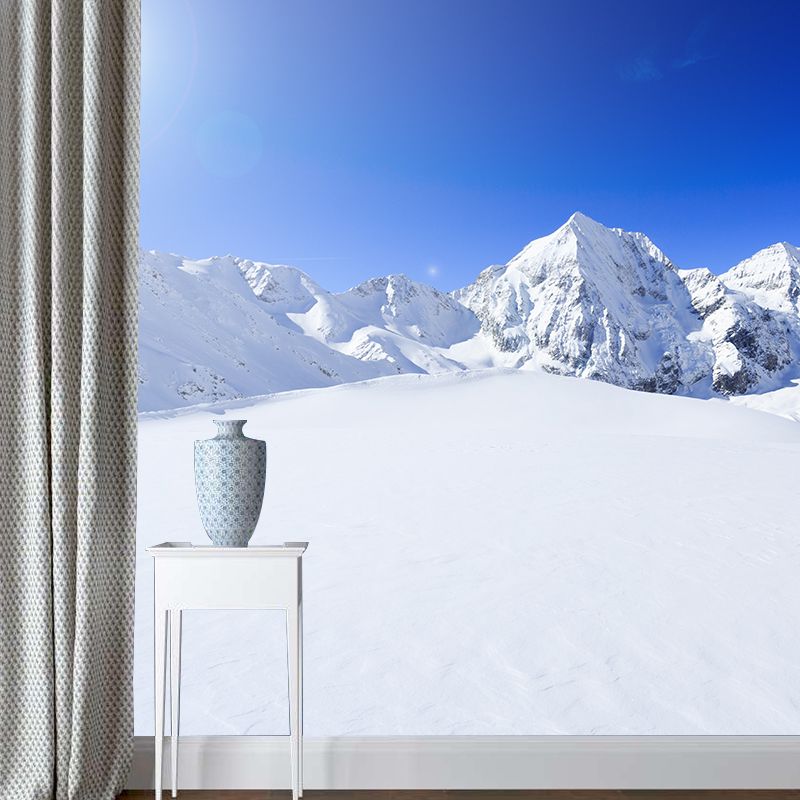 Blue-White Modern Style Mural Large Sun over Snowy Mountain Wall Art for Living Room