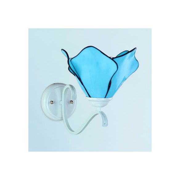 Blue Petal Wall Mount Lighting Rustic Stained Glass 1 Light Wall Sconce Light for Bathroom