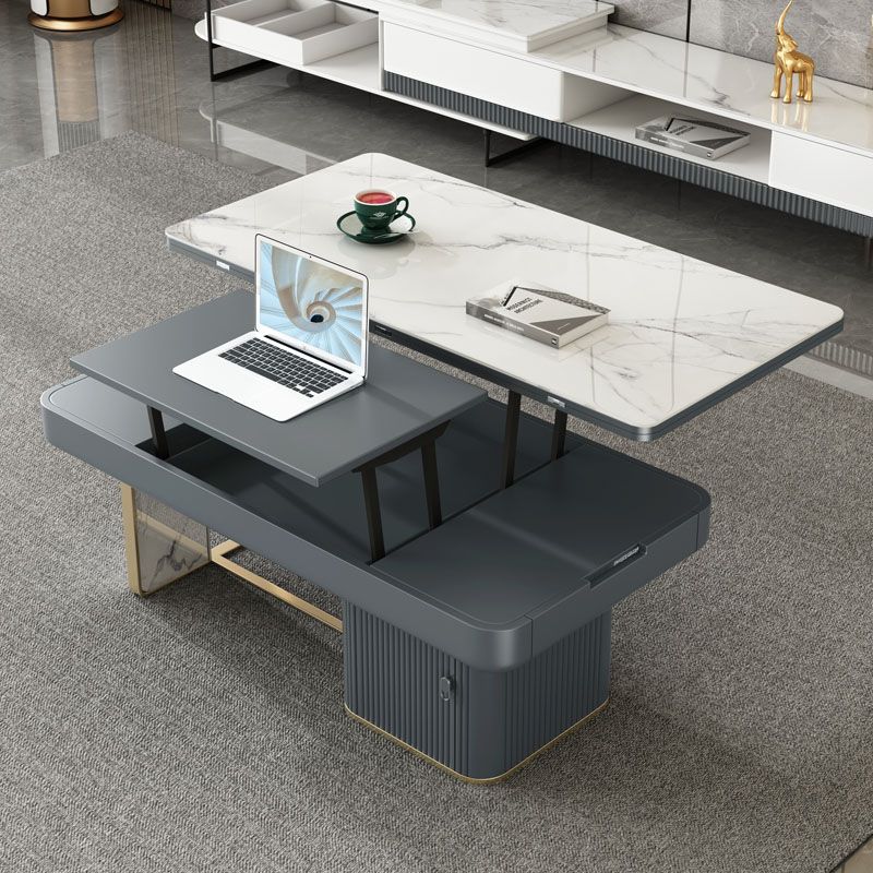 Rectangular Slate Top Coffee Table Abstract Base Cocktail Table with Storage