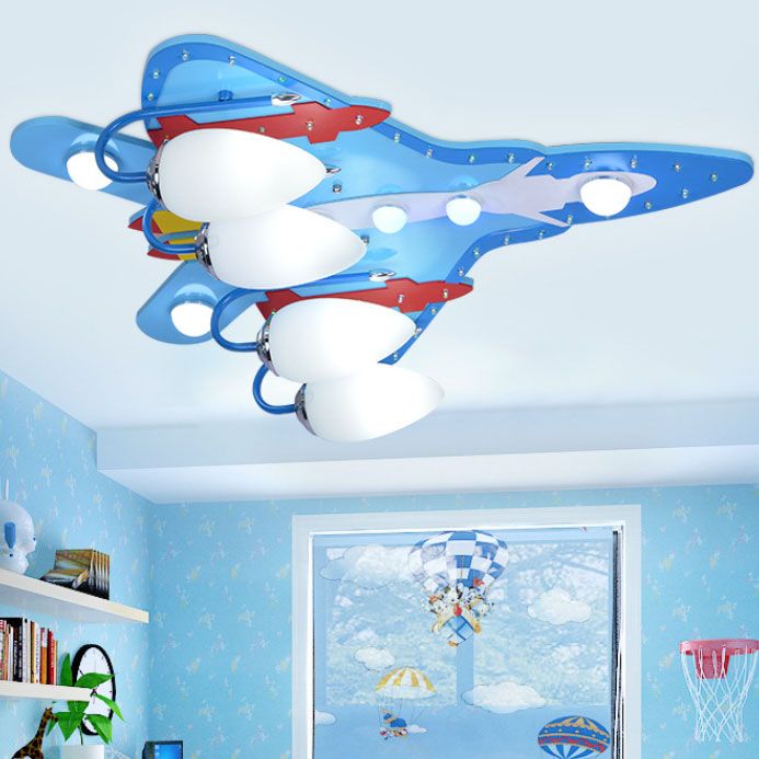 Kids Cool Blue Flush Ceiling Light Fighter Plane Wood Flushmount Light for Boys Bedroom