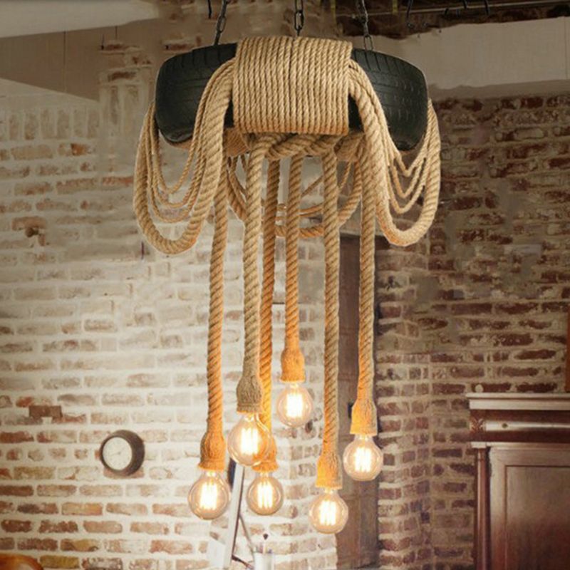 Rope Black Pendant lampe pneu 6 lumières Industrial Chandelier Lightture pour le café