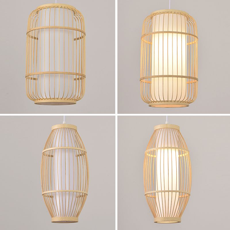 Beige Bamboo Hanging Light Fixture Asian 1-Light Suspension Pendant Light for Restaurant
