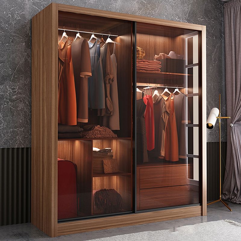 Mirrored Finish Cabinet with Glass Door Modern Brown Wardrobe for Home