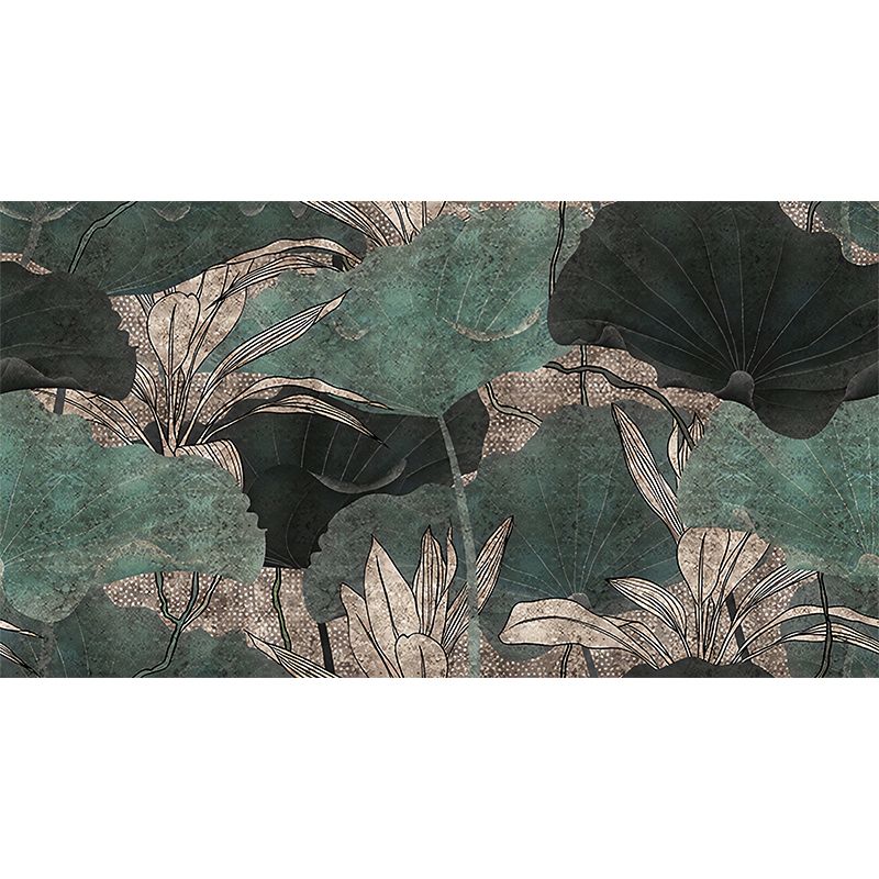 Big Asia Inspired Wall Mural in Green Lotus Leaves Wall Art, Custom Size Available