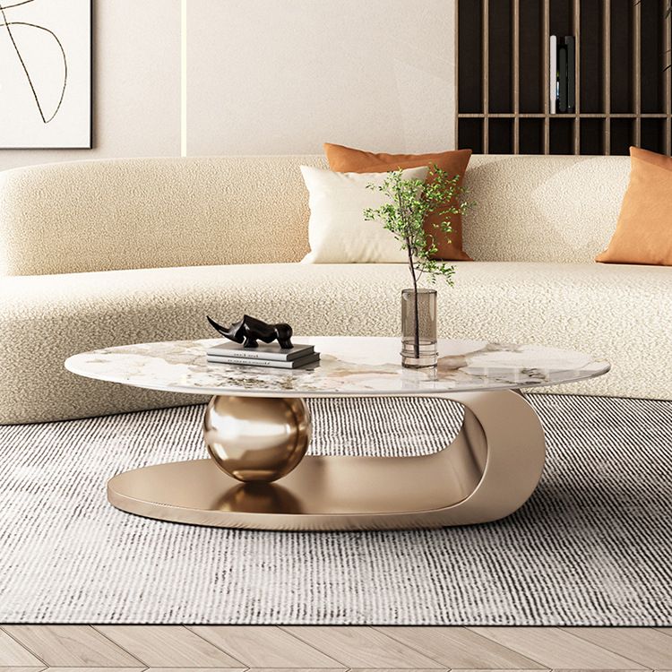 Elliptical Slate Glam Coffee Table 27.6" D Abstract Cocktail Table with Floor Shelf