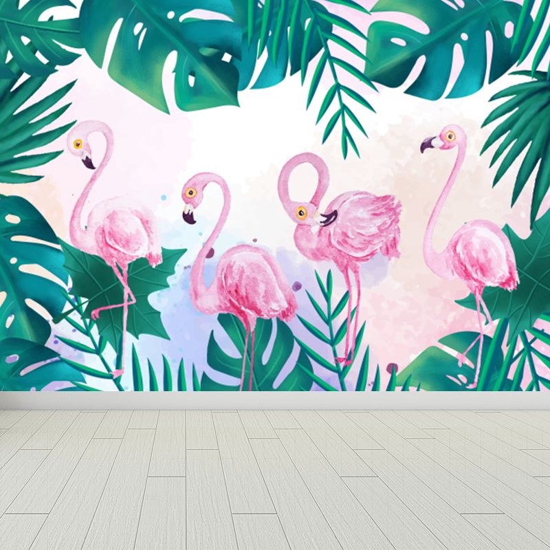Stain Resistant Flamingos Wall Mural Non-Woven Tropical Wall Decor for Girls Room
