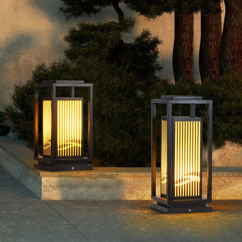 Rectangular Solar Pillar Lamp Modern Metal Outdoor Waterproof Light in Black