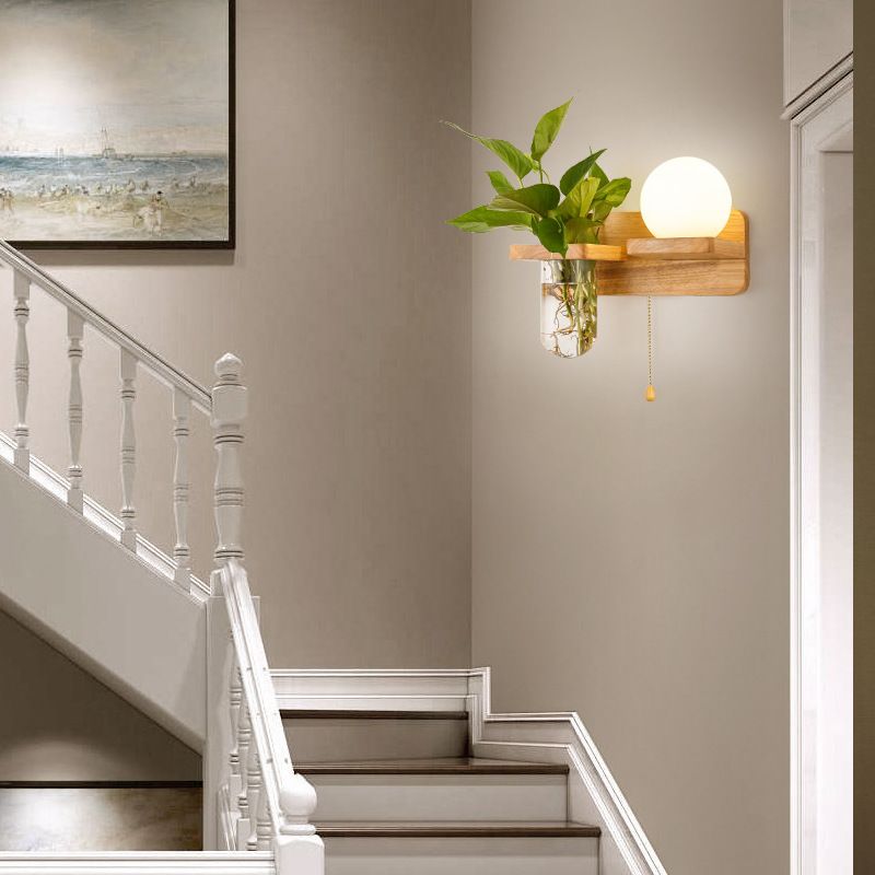 Modern Style Ball Shape Wall Light Wood 1 Light Sconces for Bedroom without Plant