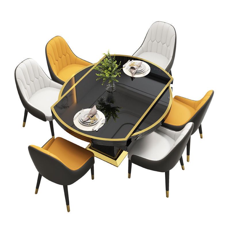 Glass Top Dining Table Modern Extendable Furniture with Pedestal Steel Base