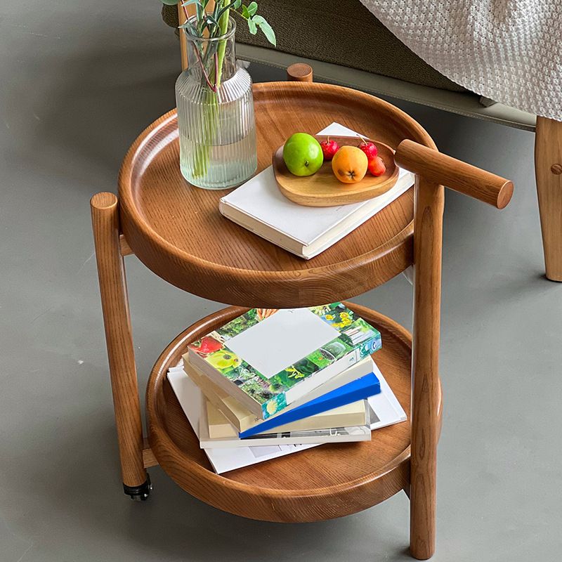 Scandinavian Round Tray Top Side Table 21.6-inch Wood End Table with Shelf and Wheel