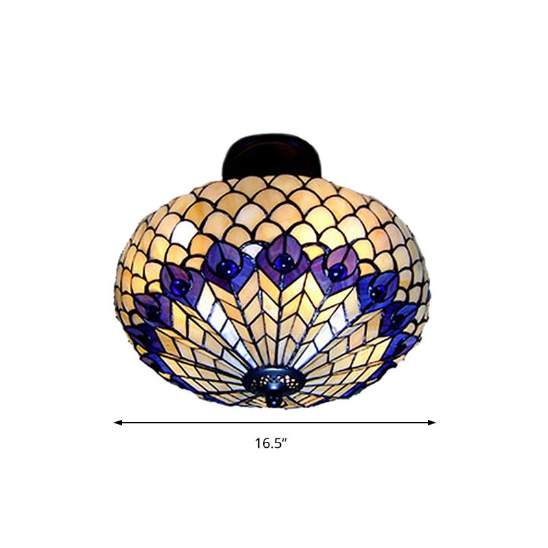 Peacock Pattern Semi Flush Light Vintage Stained Glass 3 Lights Ceiling Light for Bedroom Lighting