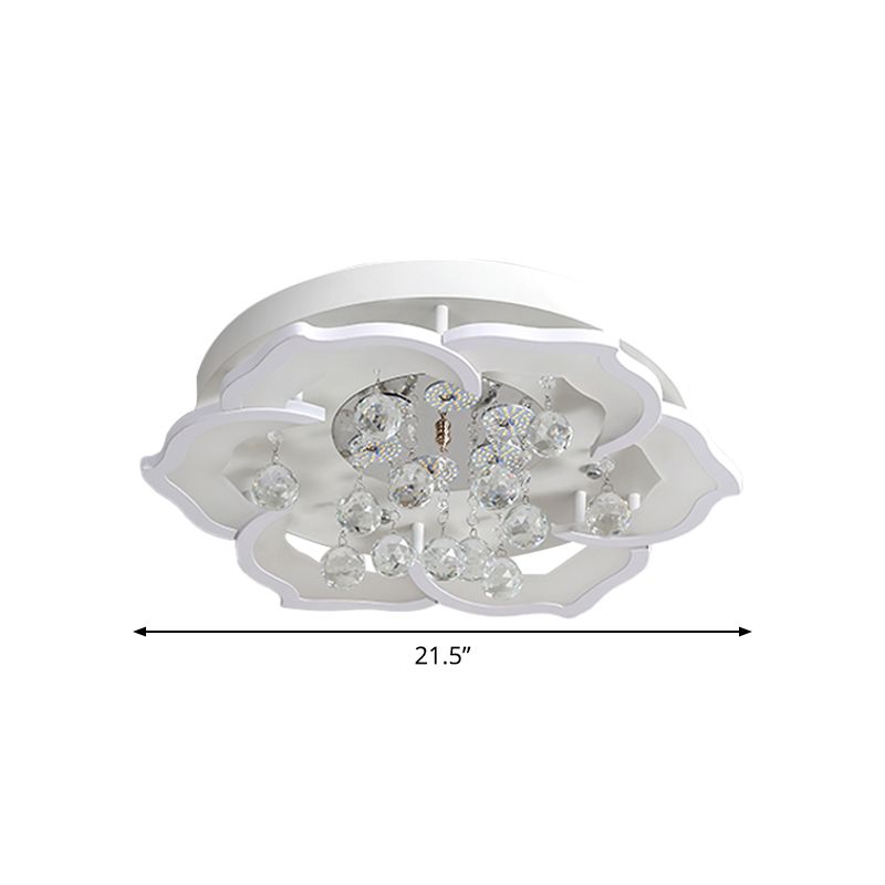 LED Bedroom Flushmount Lighting Simple White Finish Crystal Ceiling Light Fixture with Bloom Acrylic Shade in Warm/White Light, 21.5"/25.5" W