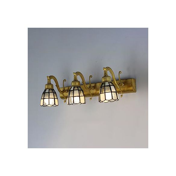 Stained Glass Dome Wall Lighting with Square/Blue Square Pattern and Linear Backplate Vintage Retro 3 Lights Sconce Lighting in Copper/Antique Brass/Brass