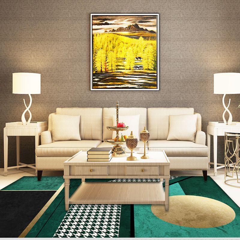 Modern Geometric Pattern Rug with Houndstooth Green Polyester Rug Washable Pet Friendly Non-Slip Area Rug for Living Room