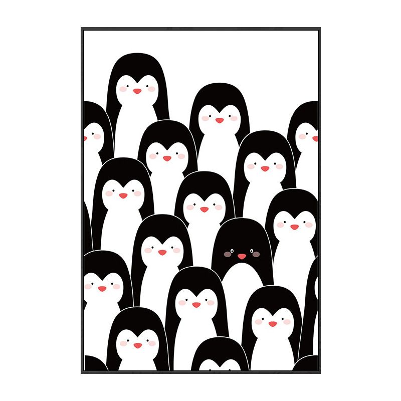 Kawaii Animal Canvas Wall Art for Child Bedroom, Black and White, Textured Surface
