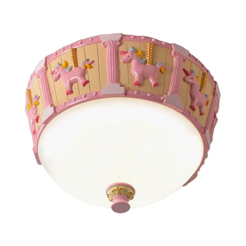 Resin Dome Flush Mount Light Kids Pink/Grün LED Flushmount mit Karussell-Muster in Weiß/Warm Licht