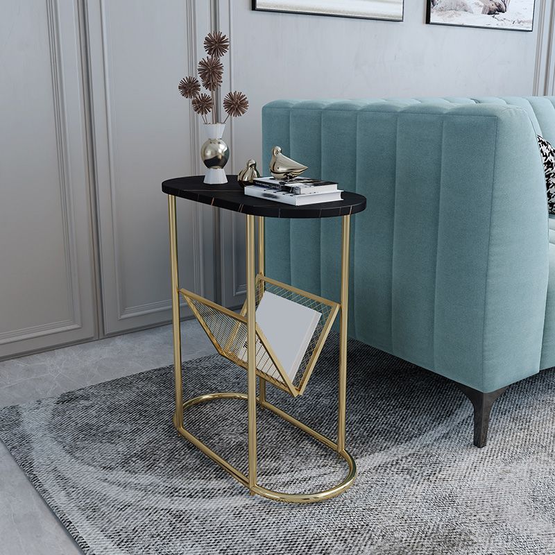 24.8" Tall Iron Frame Base End Table Oval Slate Top Side Table with Magazine Holder