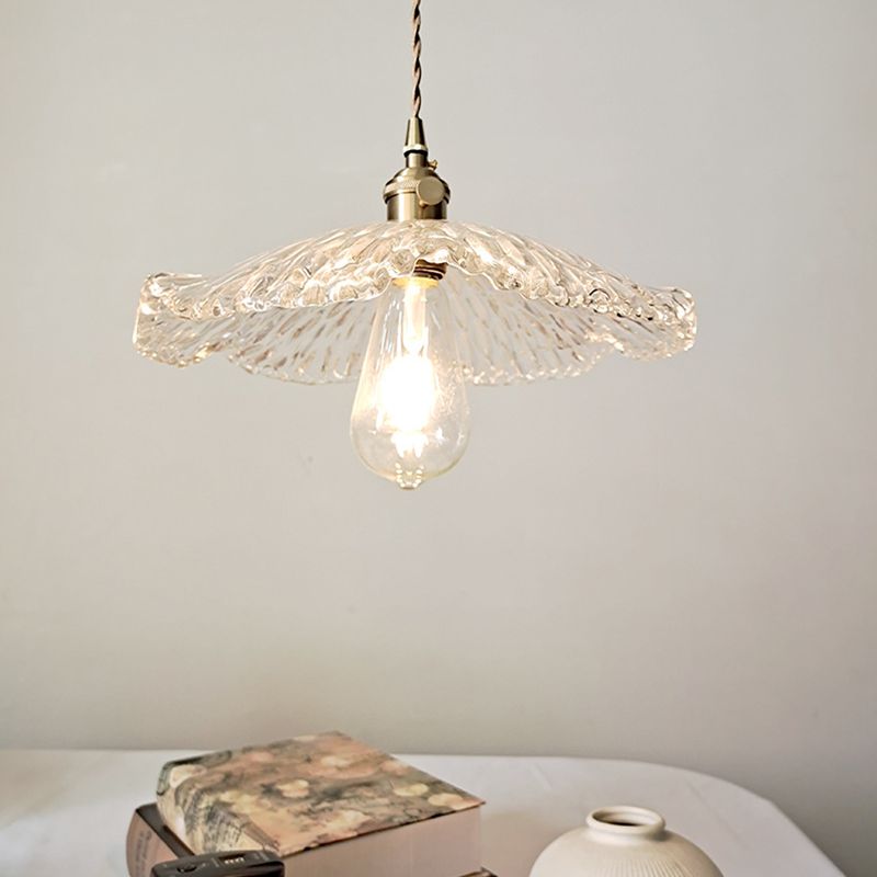 Single Lotus Leaf Shaped Pendant Lamp Farmhouse Brass Clear Carved Glass Hanging Light over Dining Table