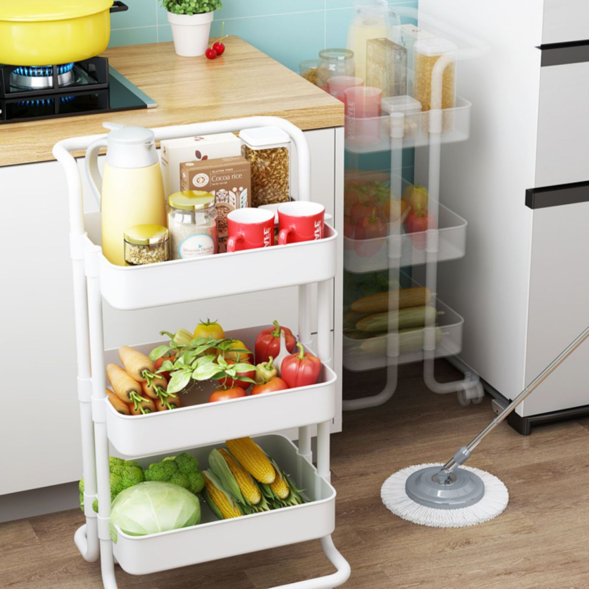 Metal Frame Open Etagere Bookshelf Modern Vertical Bookcase with Caster Wheels