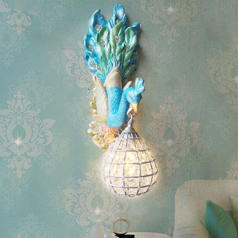 Blue Peacock Wall Light Fixture Southeast Asia Style Resin 1 Light Bedroom Sconce Lamp with Globe Frame Shade