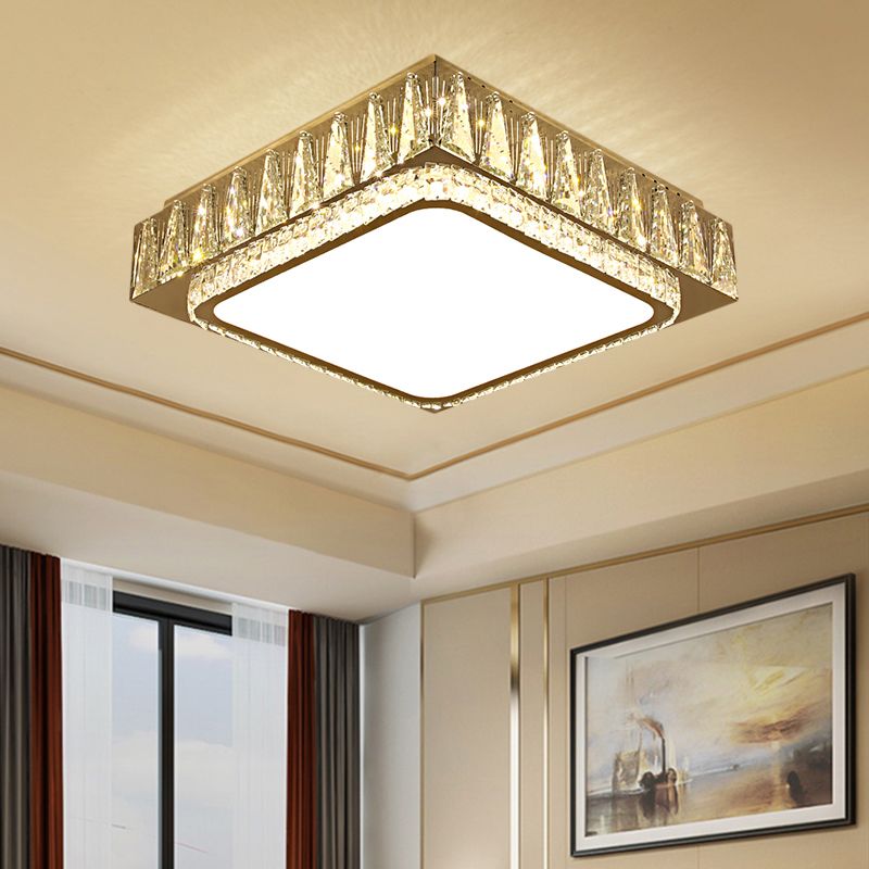 Stainless-Steel LED Ceiling Lighting Modern Clear Beveled Crystal Blocks Square Flushmount Lamp