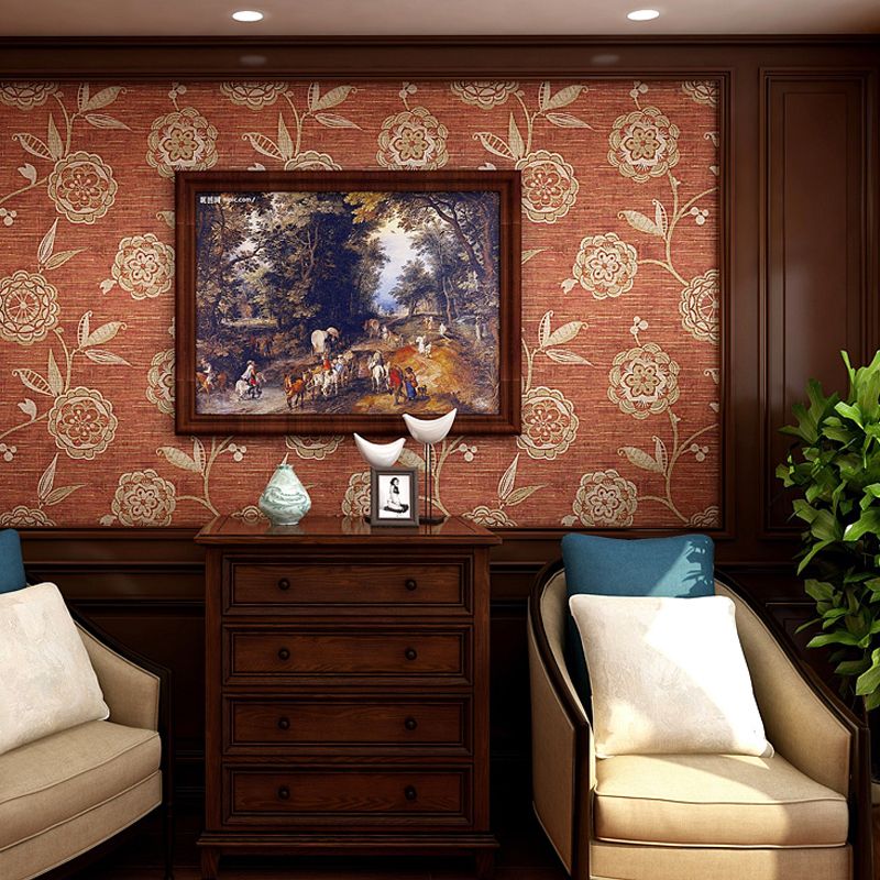 Gold Sunflower Wallpaper Roll Non-Pasted Rustic Living Room Wall Decor on Dark Red