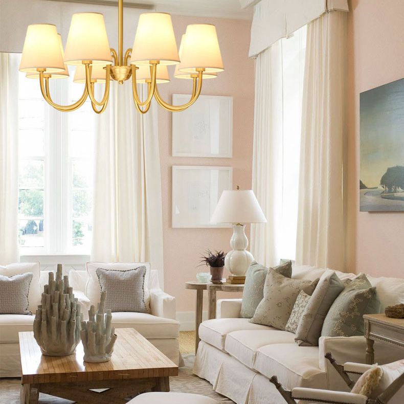 Traditional Classic Radial Pendant Light Copper Chandelier with White Fabrics Shade