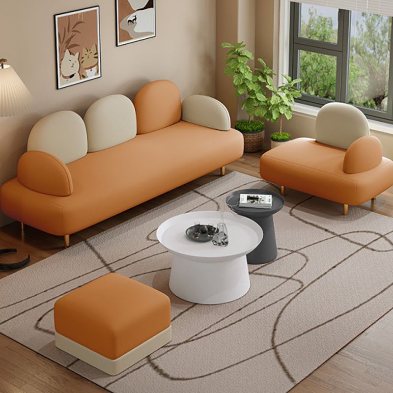 Modern Faux Leather Sofa Metal Gold Legs Recessed Arm Curved Sofa