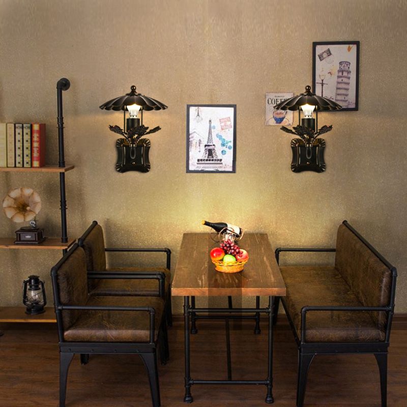 Metal Bronze Sconce Light Cone 1-Light Industrial Wall Lamp with Leaf Decoration and Square Backplate