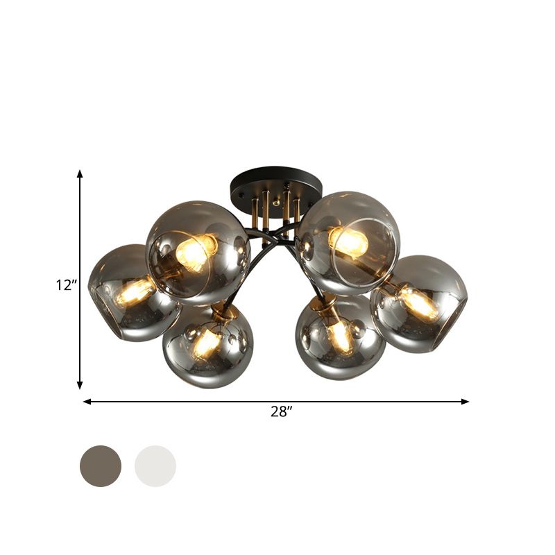 6 Heads Hotel Semi Flush Mount Vintage Black Ceiling Lighting with Orb Smoke/Clear Glass Shade