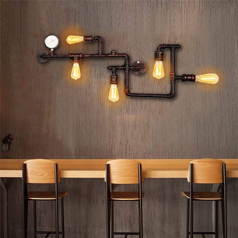 Water Pipe Iron Wall Lighting Industrial 5 Bulbs Restaurant Wall Sconce with Decorative Gauge