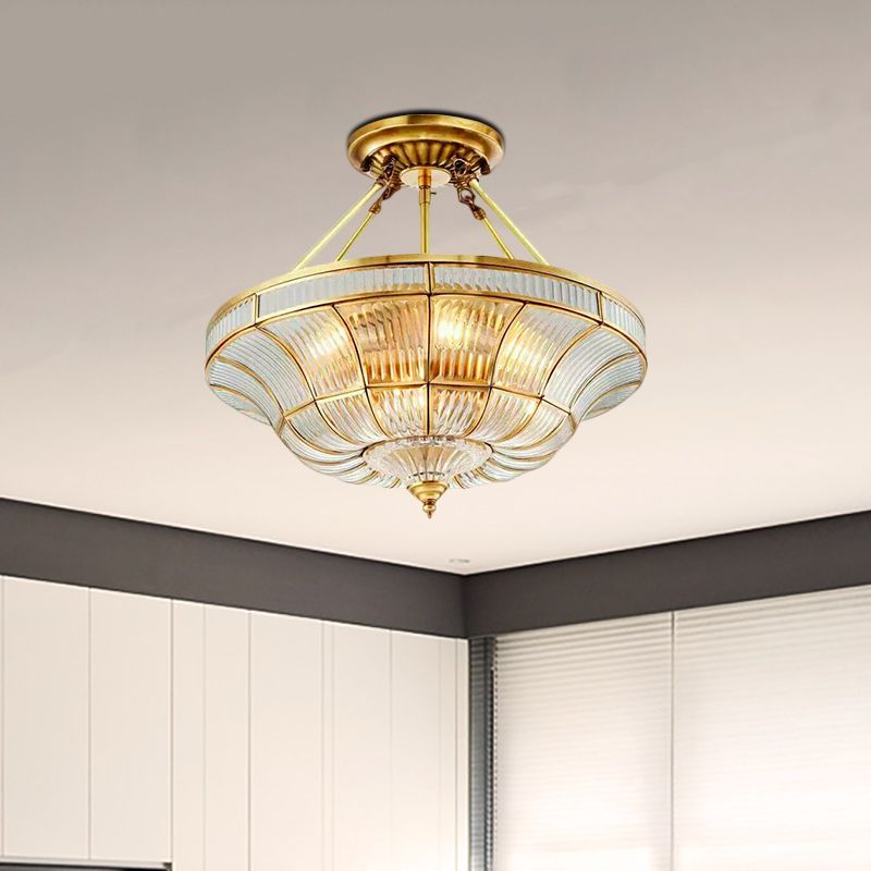 16"/19.5" Wide 3/6 Lights Bedroom Semi-Flush Mount Traditional Brass Semi Flush Light with Faceted Clear Ribbed Glass Shade