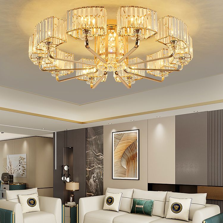 Moderne Metall-Halbblüte-Lampen-Golddecke mit Rechteckkristallschatten mehrköpfiger Kopf