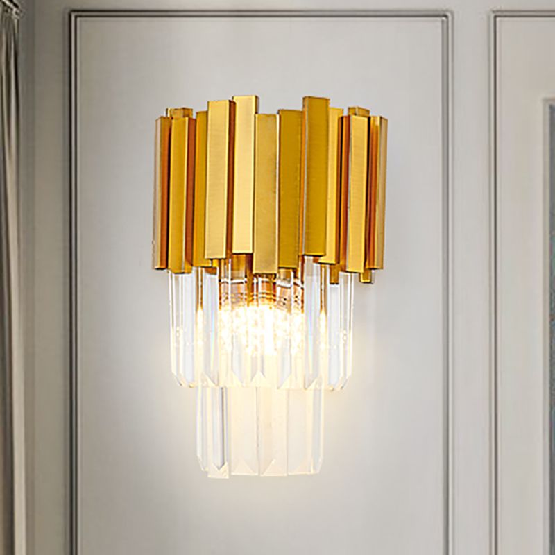 Tiered Wall Light Sconce Modern Style Metal 1 Light Golden Sconce Lamp with Clear Crystal Prism