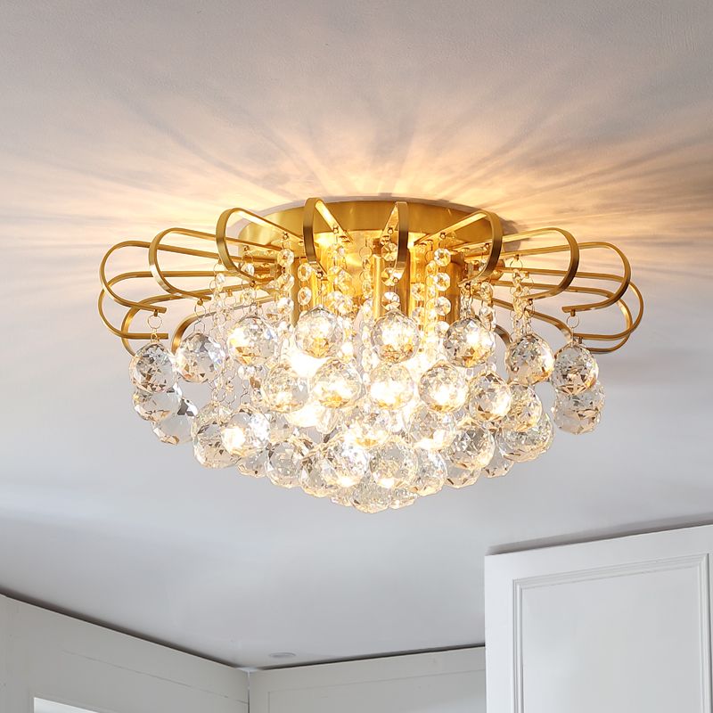 Gold Cascade Flush Mount Light Modern 3/5 Lights Crystal Ball Ceiling Mounted Light, 14"/18" Wide