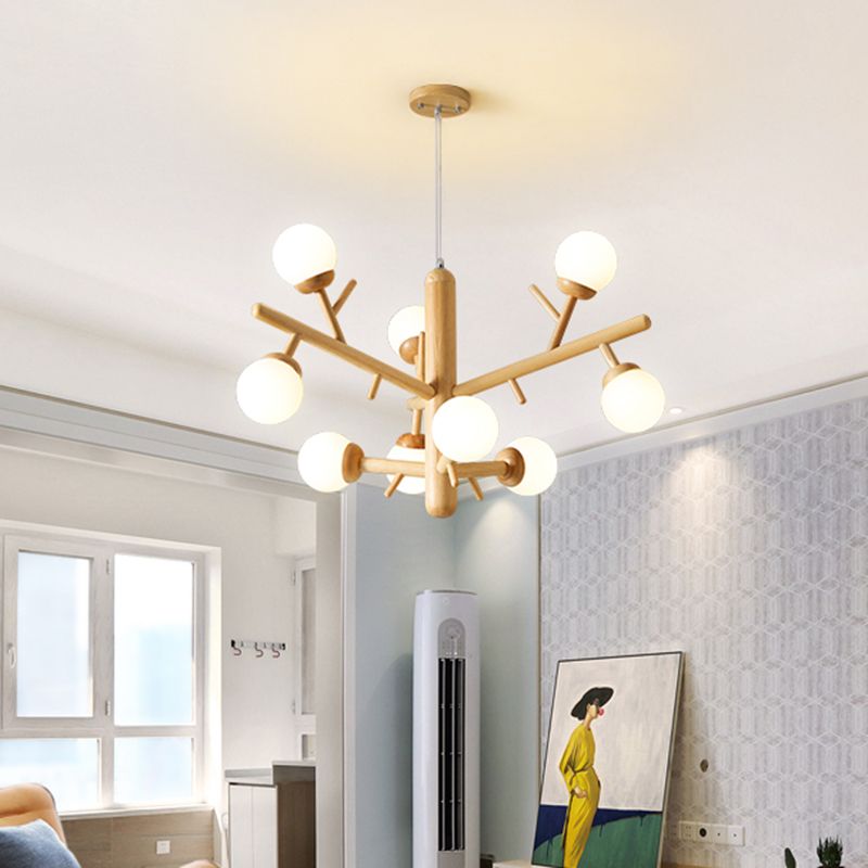 Lampadario ramo di legno moderno a ciondolo multi-testa con tonalità di vetro bianco