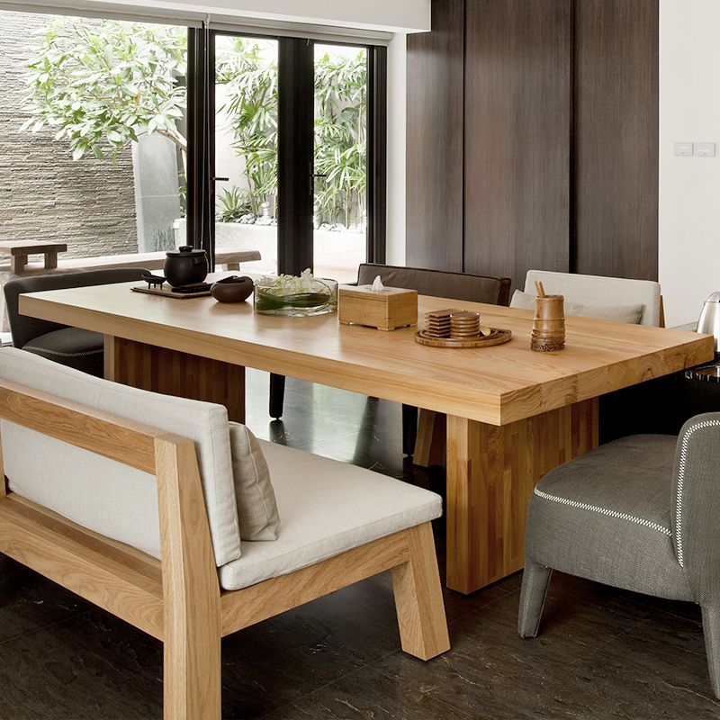 Rectangle Dining Table Modern Wooden Double Pedestal Table in Natural