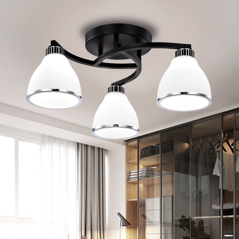 Modern Bell Shaped Flush Lamp White Glass Living Room Semi Flush Ceiling Light in Black