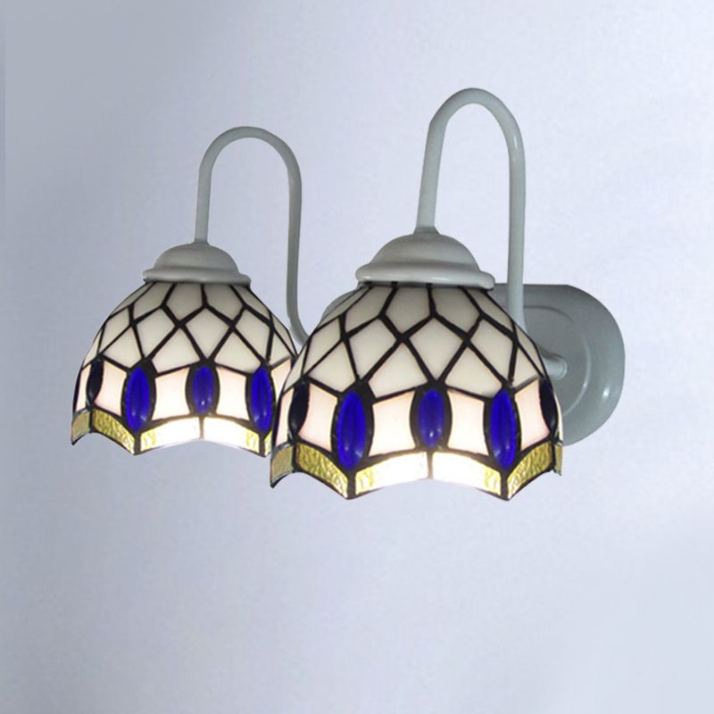 White Dome Sconce Light Tiffany 2 Heads Stained Glass Wall Mount Light with Blue Gem Decoration