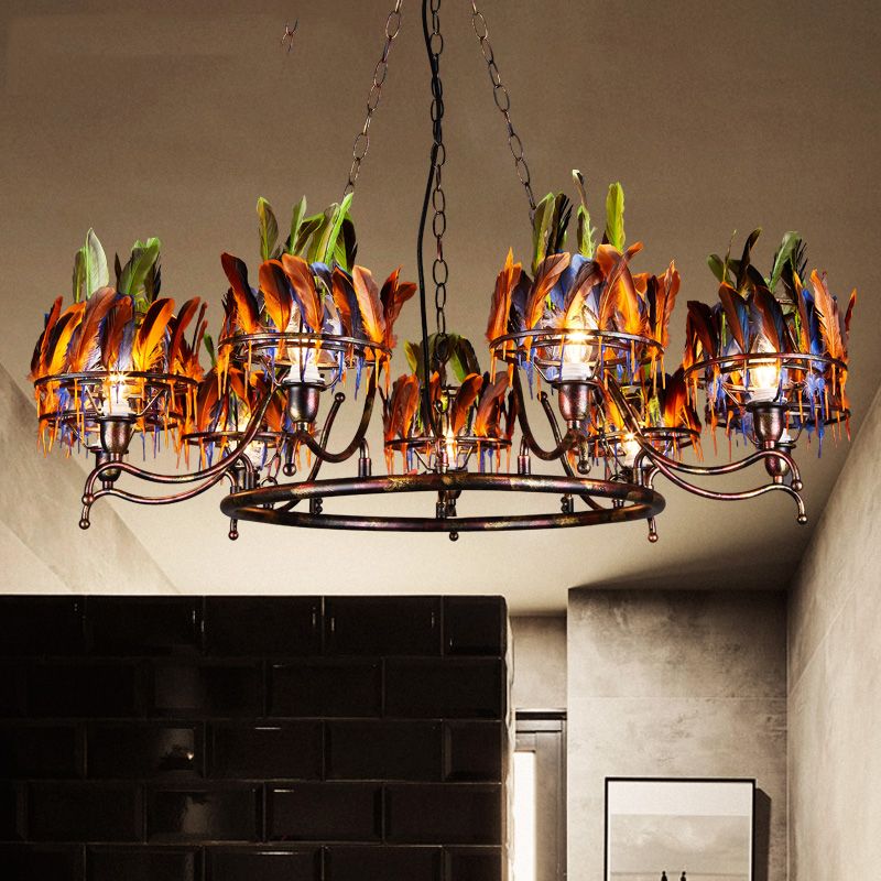 Copper Finish 9-Head Chandelier Lamp Traditional Iron Circular Suspension Pendant with Indian Feather Headwear Element