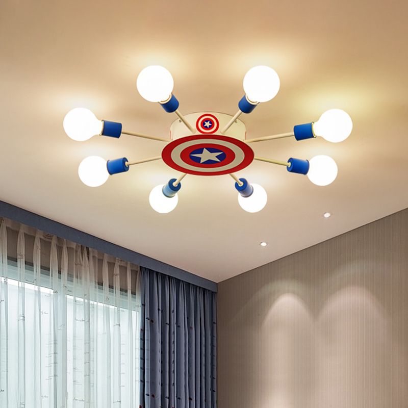 Kids Sputnik Semi Flush Light Metal 8 Heads Bedroom Ceiling Flush Mount in Red and Blue