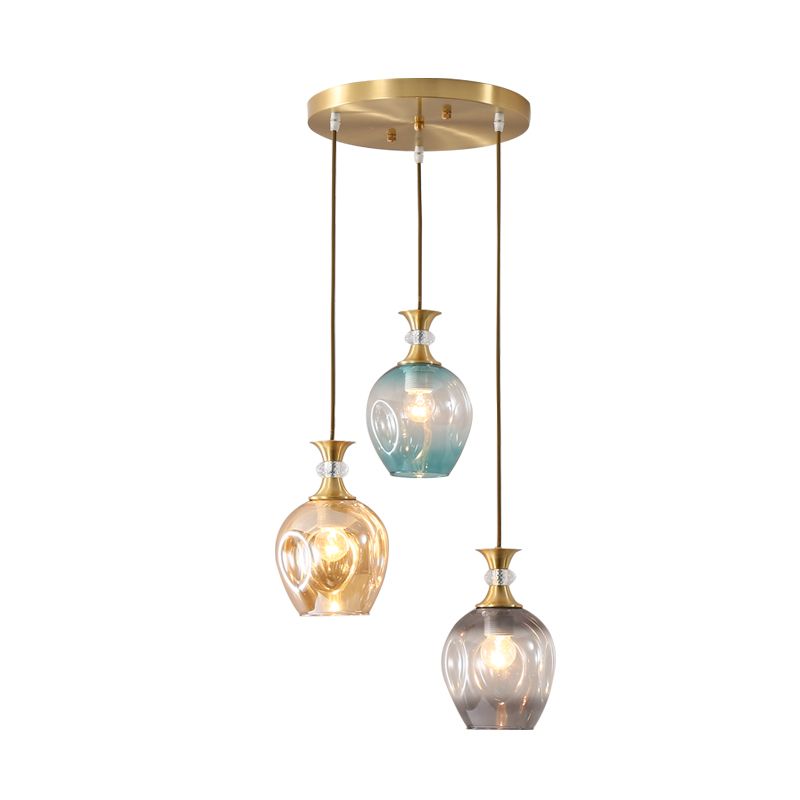 Gold Tulips Cluster Pendant Light Modernist 3 Heads Tan-Blue-Grey Dimpled Glass Ceiling Lamp