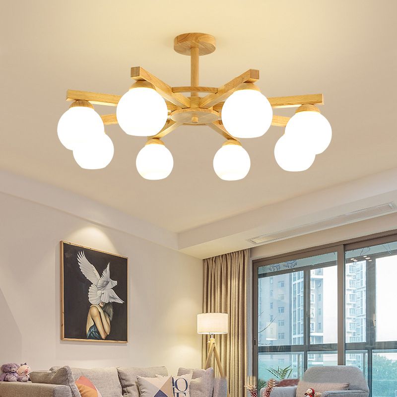 Moderne stijl houten kroonluchter witte bol glazen schaduw hangende verlichting armatuur voor salon