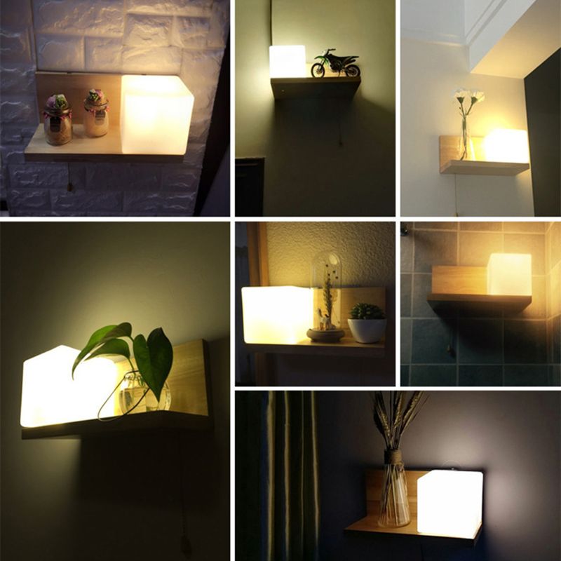 Illuminazione a parete quadrata in stile nordico lampada da parete camera da letto in legno in beige